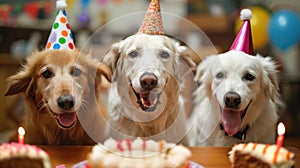 cute happy puppy dogs with a birthday cake celebrating