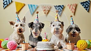 cute happy puppy dogs with a birthday cake celebrating