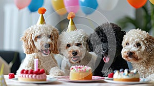 cute happy puppy dogs with a birthday cake celebrating