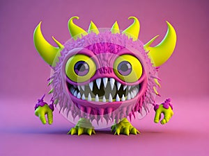 Cute and happy purple furry monster on a pink background.