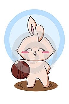 Cute and happy rabbit with basketball cartoon illustration