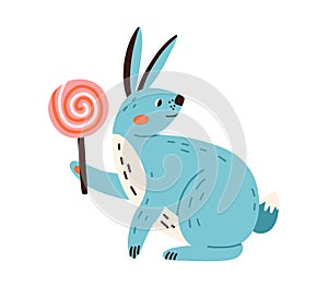 Cute happy rabbit with lollipop. Smiling bunny with lollypop. Funny long-eared hare holding lolipop in paw. Colored flat photo