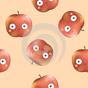 Cute happy red apples kawaii style seamless pattern on pink background photo