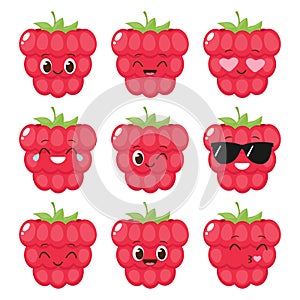 Cute happy red raspberry character set