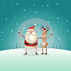 Cute happy Santa Claus and Reindeer celebrate Christmas - winter landscape - Christmas card