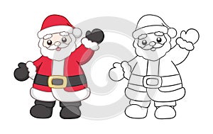 Cute happy Santa Claus waving outline and colored cartoon illustration set. Father Christmas, Kris Kringle, Saint Nick. Winter