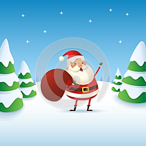 Cute and happy Santa Claus - winter landscape vector illustration