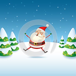 Cute and happy Santa Claus - winter landscape vector illustration