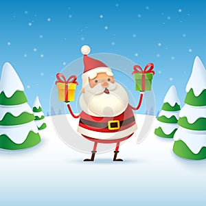 Cute and happy Santa Claus - winter landscape vector illustration