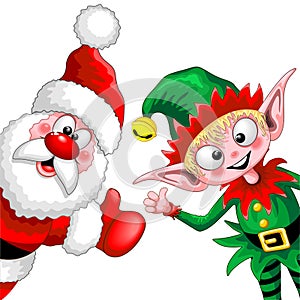 Santa and Elf Happy Christmas Cartoon Characters Thumbs up celebrating Holidays vector illustration isolated on white photo