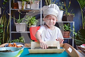 Cute happy smiling Asian little boy child wearing chef hat having fun preparing, cooking healthy Japanese food -  sushi roll at