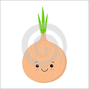 Cute happy smiling bow onion vegetable. Vector modern flat style cartoon character illustration. Isolated on white