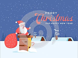 Cute happy smiling cartoon santa sitting on chimney stack or smoke funnel on rural winter landscape background. Christmas holiday