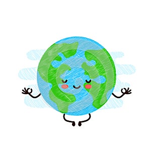 Cute happy smiling Earth planet meditate