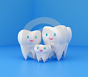 Cute happy smiling family of teeth. Clear tooth concept. Brushing teeth. Dental kids care
