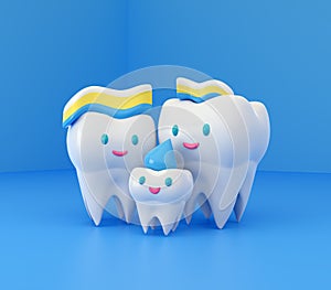 Cute happy smiling family of teeth with toothpaste hairstyle. Clear tooth concept.Brushing teeth. Dental kids care