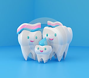 Cute happy smiling family of teeth with toothpaste hairstyle. Clear tooth concept.Brushing teeth. Dental kids care