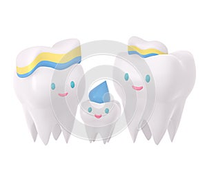 Cute happy smiling family of teeth with toothpaste hairstyle. Clear tooth concept.Brushing teeth. Dental kids care