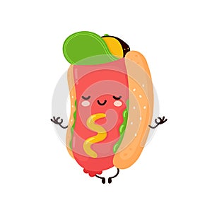 Cute happy smiling hot dog meditate