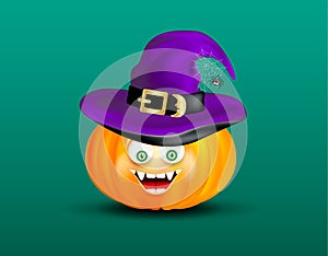 Cute happy smiling pumpkin head witch purple hat and scary funny decor of spider on cobweb on dark green background. Halloween ico