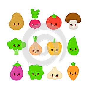 Cute happy smiling raw vegetable collection