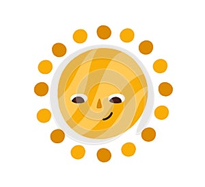 Cute happy smiling sun with funny face. Hot summer sunny weather icon. Children`s Scandinavian doodle drawing. Childish