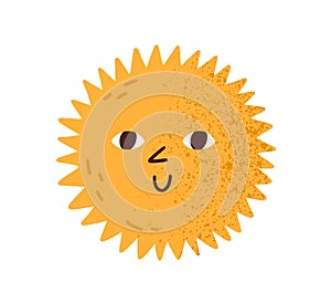 Cute happy smiling sun with funny face. Hot summer sunny weather icon. Children`s Scandinavian doodle drawing. Childish