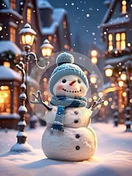 Cute happy snowman enjoying the falling snowflakes in town winter evening