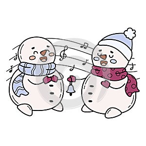 Cute happy snowmen sing carols. Winter handdrawn illustration. Holiday activities.