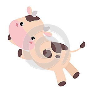 Cute happy spotted baby cow happily jumping. Adorable farm animal character cartoon vector illustration