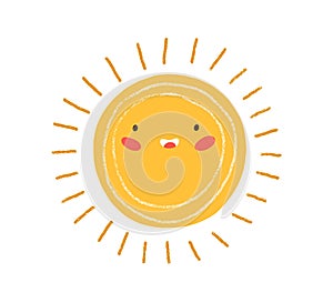 Cute happy summer sun with rays. Childish drawing of solar circle in Scandinavian style. Sunny weather doodle icon