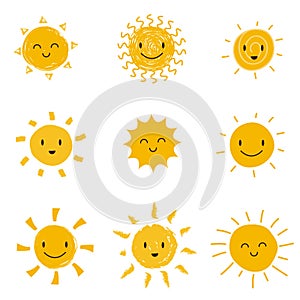 Cute happy sun with smiley face. Summer sunshine vector set isolated