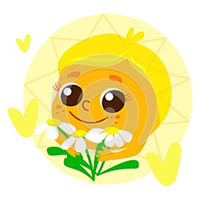 A cute happy sun is smiling and holding daisies. Awesome character for logos and advertising in cartoon style.