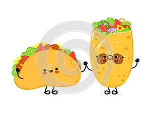 Cute happy taco and burrito card. Vector hand drawn doodle style cartoon character illustration icon design. Happy taco