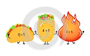 Cute happy taco burrito and fire card. Vector hand drawn doodle style cartoon character illustration icon design. Happy