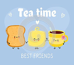 Cute happy toast cup of tea and butter card. Vector hand drawn doodle style cartoon character illustration icon design
