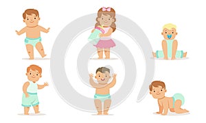 Cute Happy Toddler Babies Set, Adorable Boys and Girls Learning to Walk, Crawling, Drinking Milk with Bottle Vector