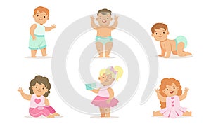 Cute Happy Toddler Babies Set, Adorable Boys and Girls Learning to Walk, Crawling, Playing with Toys Vector Illustration