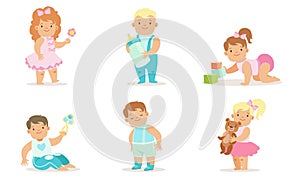 Cute Happy Toddler Babies Set, Adorable Cheerful Boys and Girls Learning to Walk, Crawling, Playing with Toys Vector