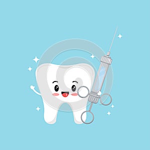 Cute happy tooth with dental syringe tool icon isolated on blue background.