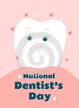 A cute and happy tooth smiles in the mouth on a pink and healthy gum. National dentistÃ¢â¬â¢s day greeting card. photo