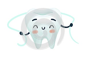 Cute happy tooth using dental floss. Oral care, mouth hygiene, teeth restoration concept cartoon vector illustration