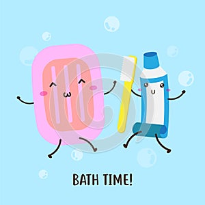 Cute happy toothpaste and soap bath time vector design