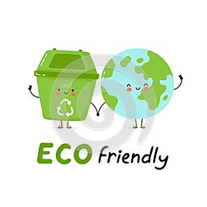 Cute happy trash bin and Earth planet
