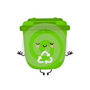 Cute happy trash bin meditate in yoga pose