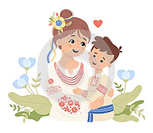 Cute happy Ukrainian woman mother and son in traditional clothes embroidered shirt with blue flowers. Vector