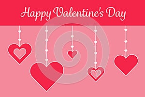 Cute Happy Valentines Day greeting card, big red hearts on threads with white outline, flat design, vector illustration
