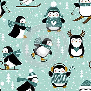Cute happy winter penguins.