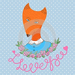 Cute happy woman fox. Print vector illustration