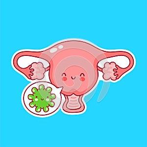 Cute happy woman uterus organ with menstrual blood